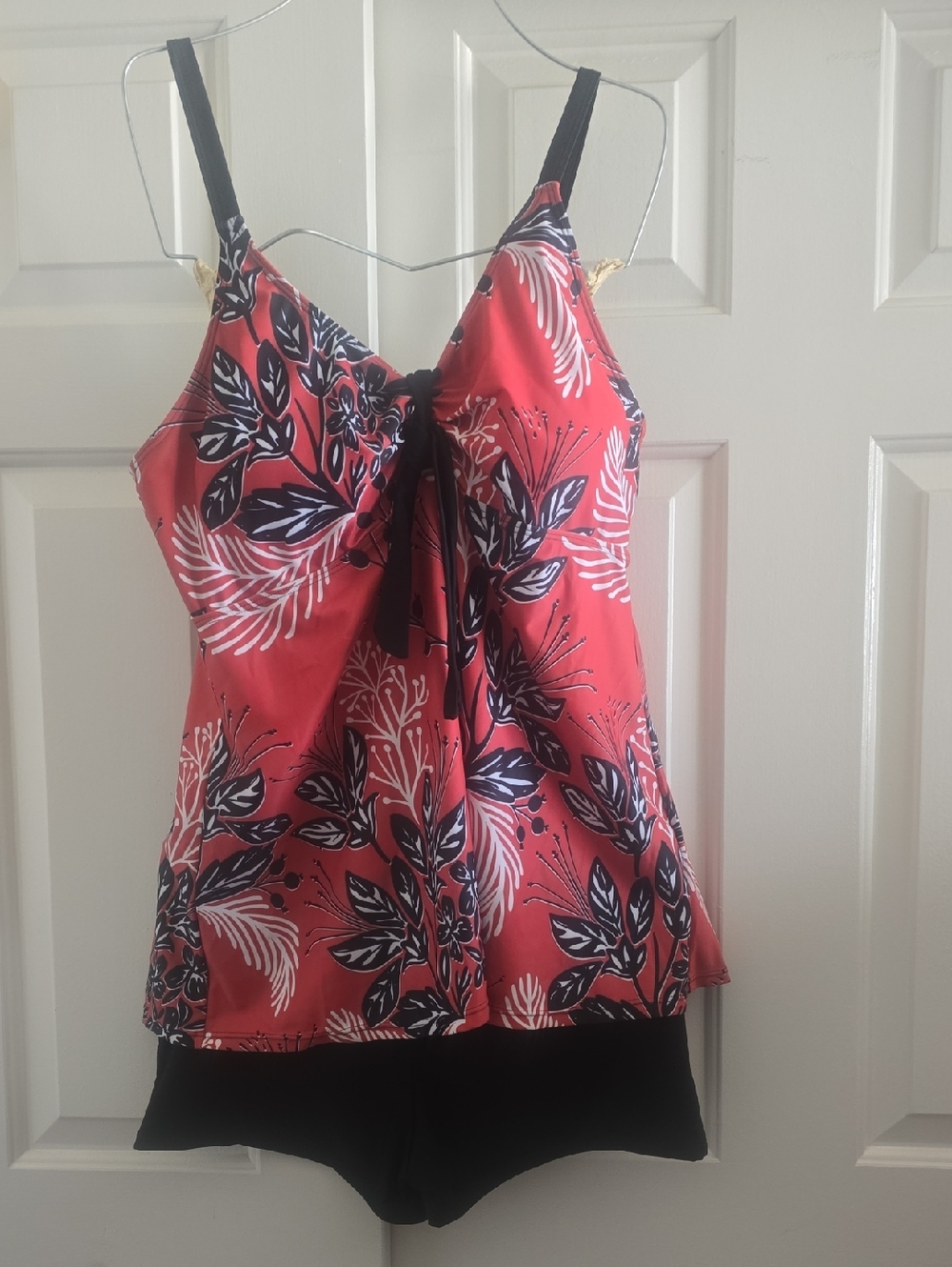 Red Floral Tankini Top with Black Swim Shorts